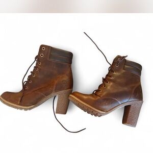 Timberland Brown Leather Lace-Up Block Heel Boots